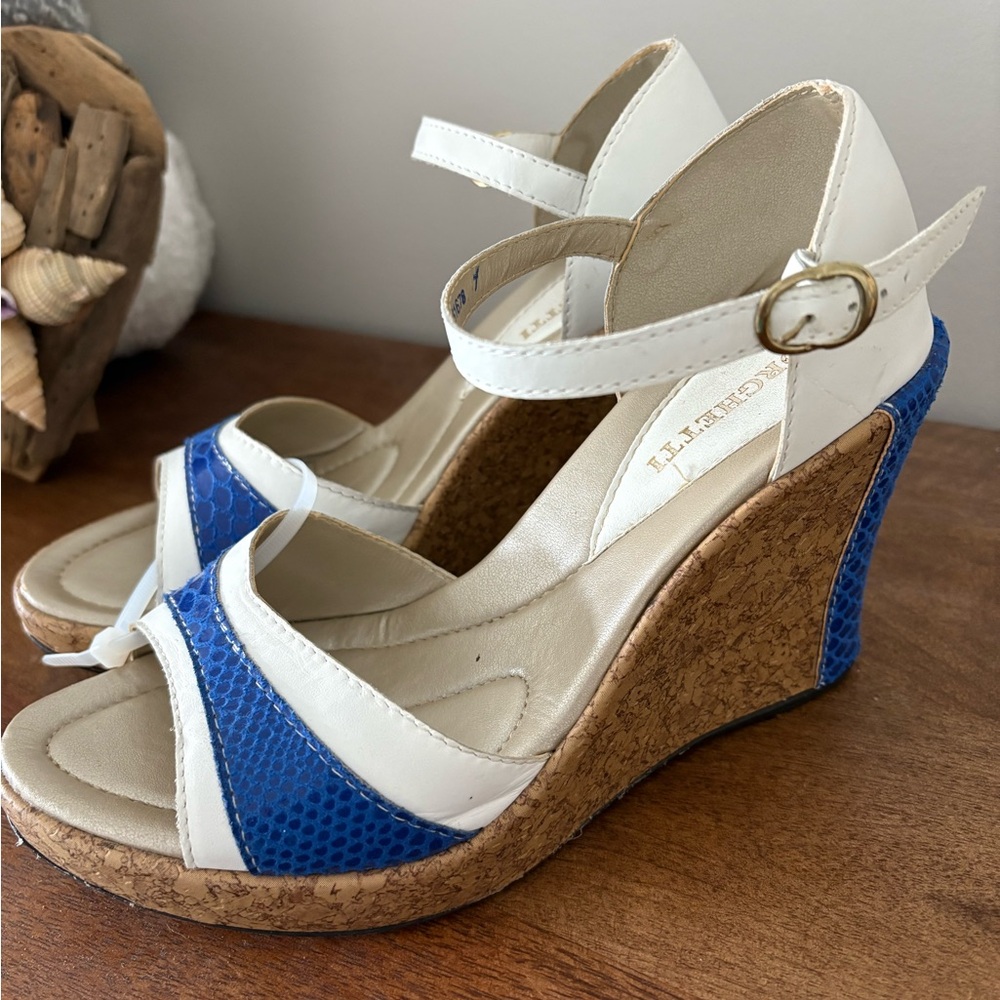Italian Elegant White and Blue Wedge Sandals